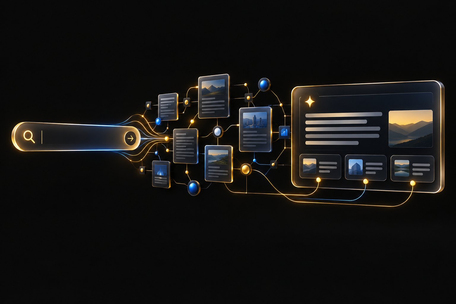 Conceptual illustration connecting a search question with website sources and an AI-generated answer