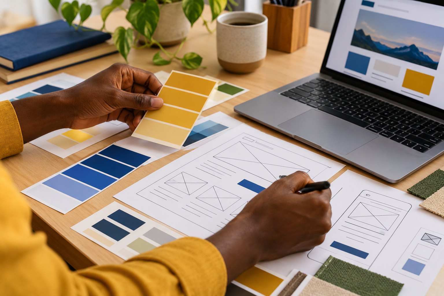 Illustrative photograph of a designer arranging website sketches and gold and blue colour swatches beside a laptop